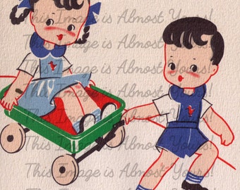 Boy and Girl Pulling Wagon - Simplified Image - 1930s Kids 1940s Kids - Kawaii Vintage Image Collage Large JPG