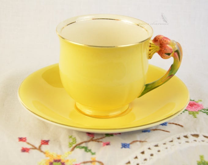 Royal Winton Cup and Saucer, Yellow Tea Cup, Flower Handle Cup and