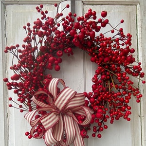 21-22" Diameter Round Red Berry Wreath for Fall, Christmas, and Winter Front Door Decor-Shiny red berries with choice of Bow