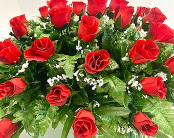 LARGE, Red Rose Cemetery Flowers, Headstone Saddle Arrangement