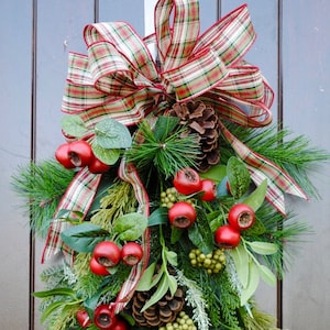 Lantern Swag-Christmas Swag with Bow~Red Pod~Pine Swag~Green Berry~Pinecones