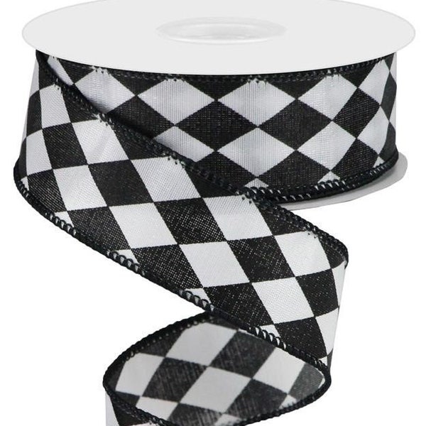 1.5"X10yd Harlequin On Satin Black White Check Wired Edge Ribbon