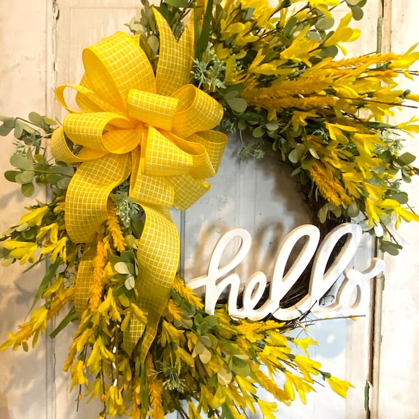 Handmade Yellow Forsythia and Eucalyptus Wreath in 21-23 Inch Diameter for Front Door with Monogram or Sign Option