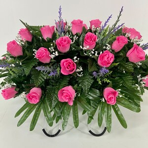 Spring, Easter, Pink Rose Cemetery Flowers, Purple Accent Headstone Saddle, Mother's Day, Gift