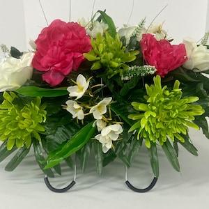 Spring Cemetery Flowers for Headstone and Grave Decoration-Pink Peony and White Rose Mix Saddle