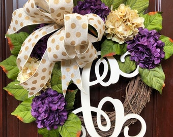Spring Front Door Wreath~Hydrangea Monogram Letter Wreath with Gold Print Bow and Purple and Cream French Hydrangeas--22" Diameter