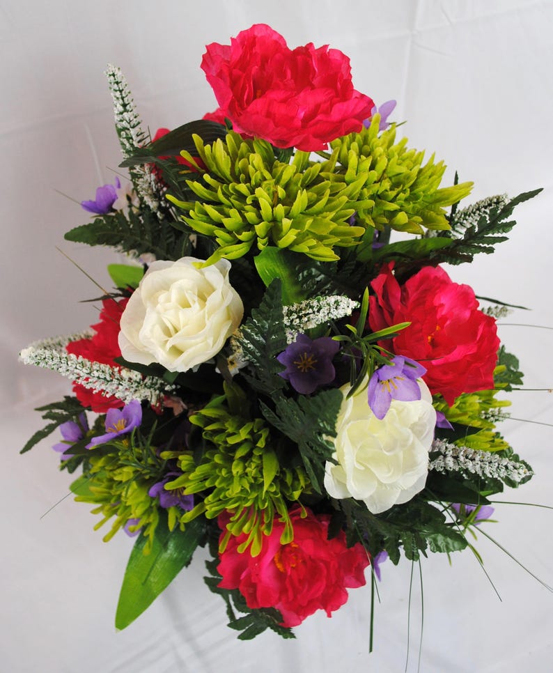 Vase Filler, Spring Cemetery Flowers for Headstone and Grave Decoration, Pink Peony and White Rose Mix Saddle image 4