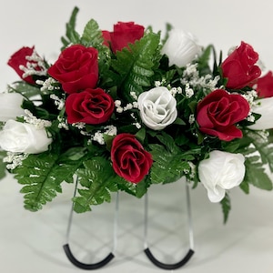 Small Cemetery Headstone Saddle Flowers in Red and White Roses for Summer, Memorial Day, Labor Day, Grave Decoration