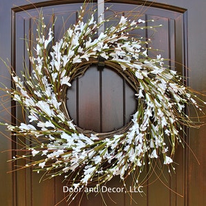 White Flower Wreath~Housewarming Gift~Wedding Decor~Spring Wedding Wreath~White Forsythia Wreath