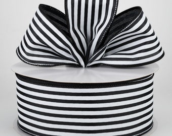 2.5" Cabana Stripes Ribbon: White on Black Satin (50 Yards)
