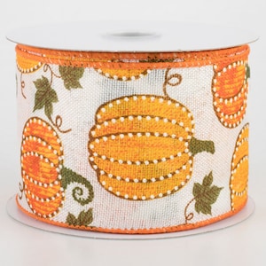 2.5&quot;x10yd Dotted Orange Pumpkin on Cream with Vines and Green Leaves, Wired Edge Fall Ribbon