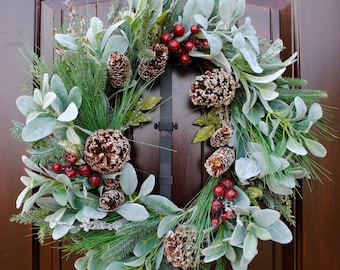 Winter wreath~Farmhouse~Winter wreath~Pine wreath~Farmhouse wreath~Lambs Ear Wreath~farmhouse decor~rustic decor~burlap wreath