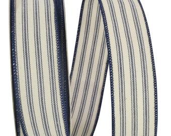 Reliant Ribbon Ticking Linen Stripe Wired Edge Ribbon, 1-1/2 Inch X 20 Yards, Navy