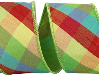 2.5"x5yd Primary Plaid Wired Edge Deluxe Dupioni Backed Ribbon