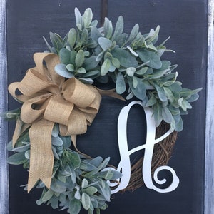 Green Lambs Ear Front Door Monogram Wreath With Bow-Great gift-Welcome-Housewarming-Easter-Mother's Day-Personalized-Handmade