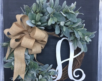 Green Lambs Ear Front Door Monogram Wreath With Bow-Great gift-Welcome-Housewarming-Easter-Mother's Day-Personalized-Handmade