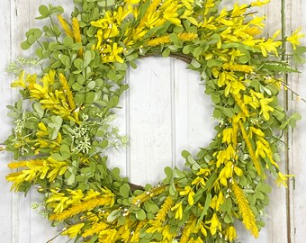 22-24" Diameter Spring and Summer Round Front Door Wreath with Bow Options, Yellow Forsythia and Green Leaves
