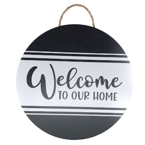 18&quot; Round MDF Welcome to Our Home Sign with Rope Hanger-B/W Stripe Design