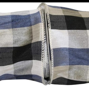 2.5 x 10yd Black, White, Navy, Check Dupioni Wired Edge Ribbon, Paterson