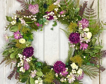 24" Diameter Front Door Wreath with purple, pink, and lavender flowers, cream berries, ferns, and pittosporum-Made in the USA