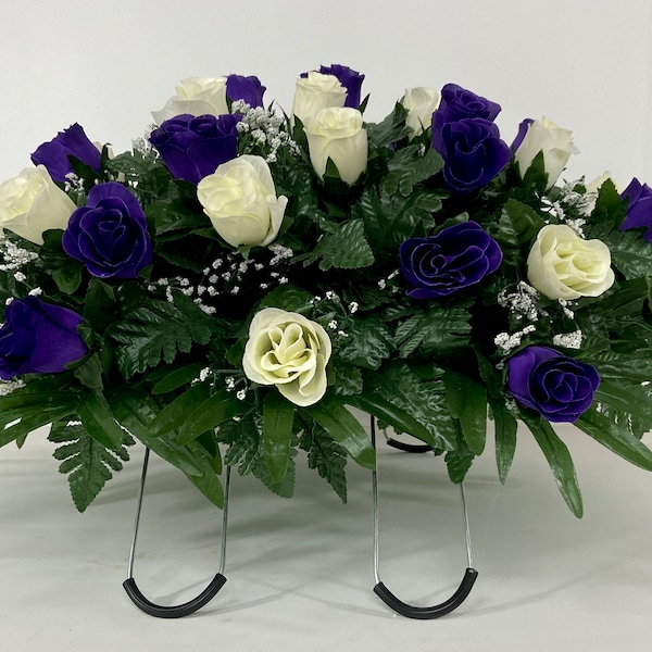 Purple and Cream Rose Cemetery Headstone Saddle for Grave Decoration, Memorial Flowers, Silk Sympathy Arrangement