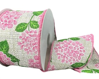 2.5"x10yd Pink French Hydrangea Print on Natural Tweed Wired Edge Ribbon