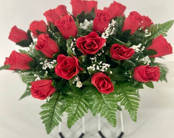 Small Red Rose Spring Cemetery Flowers for Headstone and Grave Decoration-Red Roses with Baby's Breath Saddle