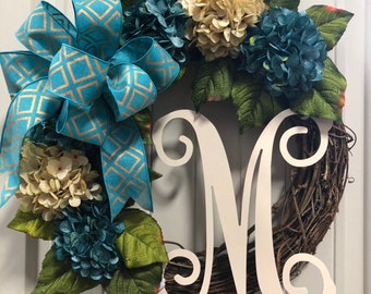 22" Diameter Round Teal and Cream French Hydrangea Monogram Letter Wreath for Front Door, Welcome Gift, Mother's Day, Personalized