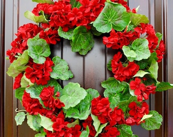 Red Geranium Patriotic wreath~Summer Wreath~Front Door Wreath~Wreaths for Front Door~Welcome Wreath~Porch decor~Flowers for Summer