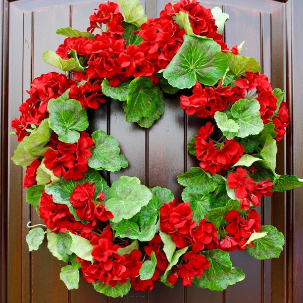 Red Geranium Patriotic wreath~Summer Wreath~Front Door Wreath~Wreaths for Front Door~Welcome Wreath~Porch decor~Flowers for Summer