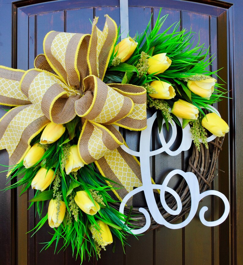 Yellow Tulip Front Door Monogram Letter Wreathyellow And Etsy