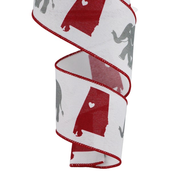 2.5"x10yd Crimson Alabama with Grey Elephant on White wired edge ribbon, Roll Tide, Sports ribbon