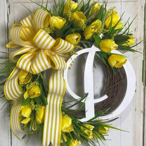 Yellow Tulip Spring Wreath: Custom Monogram Front Door Decor