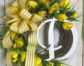 Yellow Tulip Spring Wreath: Custom Monogram Front Door Decor
