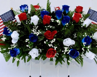 LARGE, Red, White, Blue Rose Headstone Saddle, Patriotic Cemetery Arrangement
