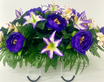 Cemetery Saddle Headstone Decoration with purple peonies,purple and cream lilies for Mother's Day, Father's Day, Spring and Summer