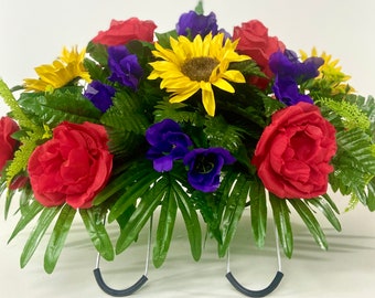Cemetery Saddle Headstone Decoration Flower Arrangement for Spring and Summer-Red rose, Yellow Sunflower and Purple Iris, Mother's Day
