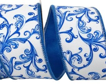 2.5"x5yd Reliant Ribbon Scroll Teracotta Deluxe Backed Wired Edge Ribbon, Cobalt Blue