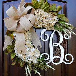 Cream Hydrangea Front Door Wreath with Monogram Letter~Neutral Farmhouse Style~Housewarming Gift~Spring, Mother's Day, Summer, Fall