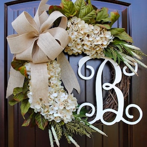 Cream Hydrangea Front Door Wreath with Monogram Letter, Neutral Style, Housewarming Gift, All season wreath, Wedding, Famhouse