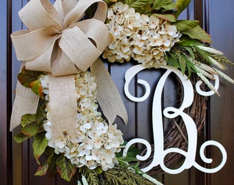 Cream Hydrangea Front Door Wreath with Monogram Letter~Neutral Farmhouse Style~Housewarming Gift~Spring, Mother's Day, Summer, Fall