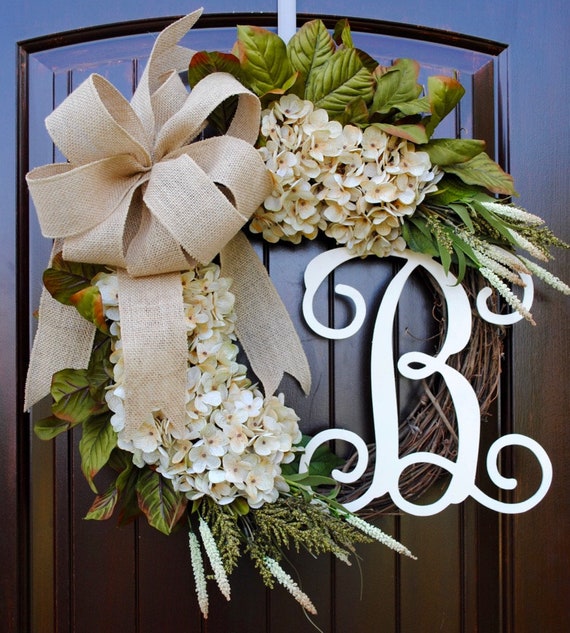 Cream Hydrangea Front Door Wreath With Monogram Letterneutral - Etsy