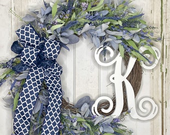 Blue Mixed Flowers and Lamb's Ear Monogram Initial Front Door Wreath with Choice of Bow on Grapevine Base-Handmade in the USA