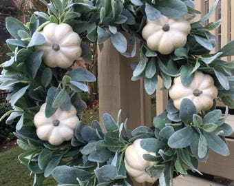 Cream Pumpkin, Lambs' Ear Wreath, Handmade Fall, Thanksgiving Decor