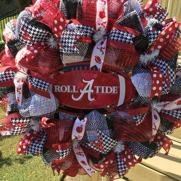 Alabama Fan Football Front Door Wreath, Roll Tide, Go Bama, Crimson Tide, Red, Silver, Round, Fan Decoration, Gift, University, Sports