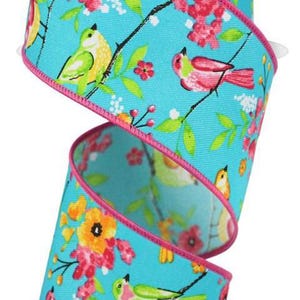 2.5&quot;x10yds Birds on Branches with Turquoise Background and Pink Wired Edge