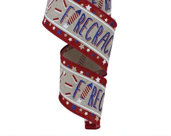 2.5" Lil Firecracker Patriotic Ribbon: Natural (10 Yards) Patriotic Wired Ribbon