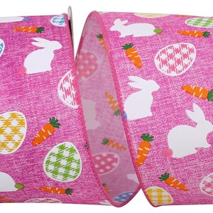 2.5&quot;x10yd Pink Wired Edge Ribbon with Bunnies, Carrots, and Gingham Eggs-Easter, Spring