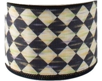 2.5" Wide Expressions Antique Diamond Harlequin Satin Wired Ribbon Black, Cream, Ivory, Beige (10 Yards)