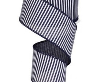 2.5 &quot; X 10 yd Wired Horizontal Stripe Canvas Ribbon--Navy on White